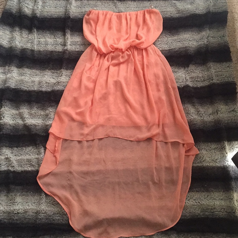 Coral high low strapless dress
